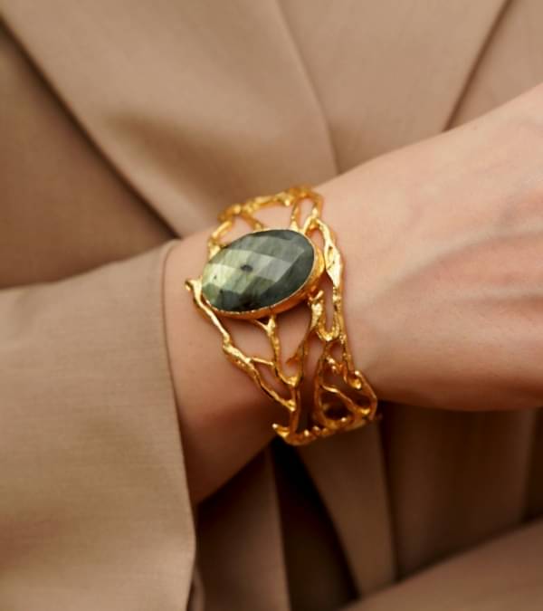 El Yapımı Altın Kaplama Pirinç Bileklik Labradorit Taşlı