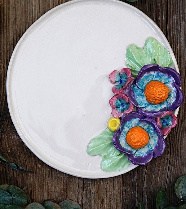 El Yapımı Tasarım Çiçekli Büyük Boy Seramik Tabak