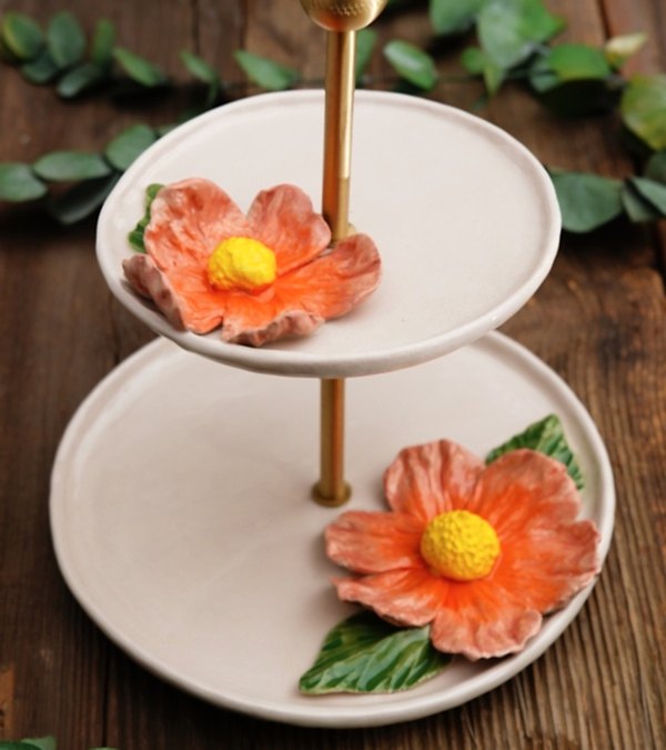 El Yapımı Tasarım Turuncu Çiçekli Seramik Sunumluk İki Katlı