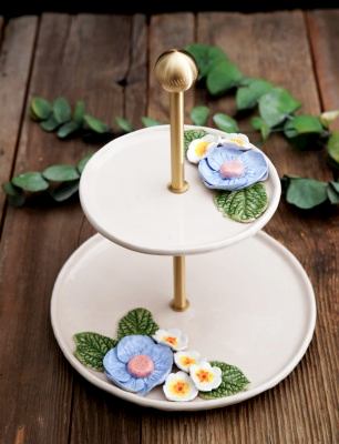 El Yapımı Tasarım Mavi Çiçekli Seramik Sunumluk İki Katlı