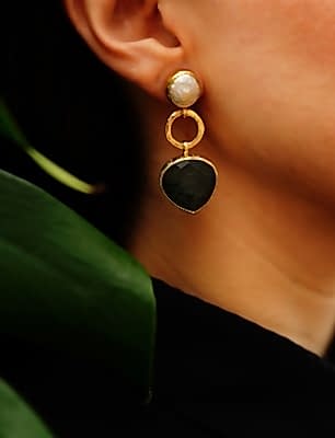 El Yapımı Altın Kaplama İnci ve Labradorit Taşlı Pirinç Küpe