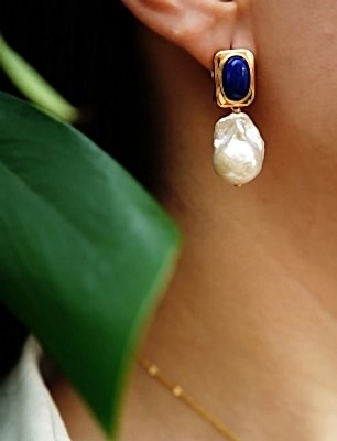 El Yapımı Tasarım Gümüş Küpe Barok İnci ve Lapis Lazuli