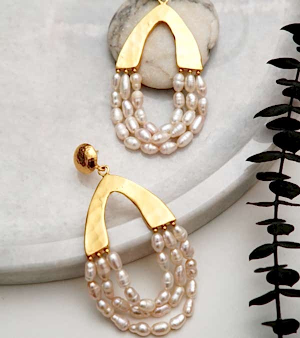 El Yapımı Tasarım İncili Pirinç Küpe