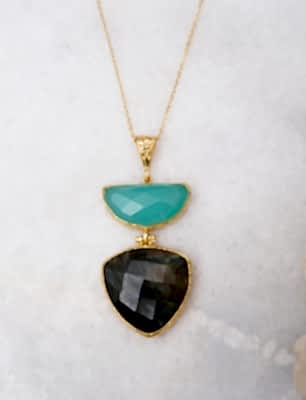 El Yapımı Altın Kaplama Pirinç Kolye Aqua Kalsedon ve Labradorit Taşlı