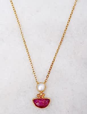 El Yapımı Altın Kaplama Pirinç Kolye Yakut ve İnci Taşlı