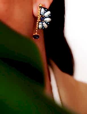 El Yapımı Tasarım Gümüş Küpe İnci ve Kyanit Taşlı