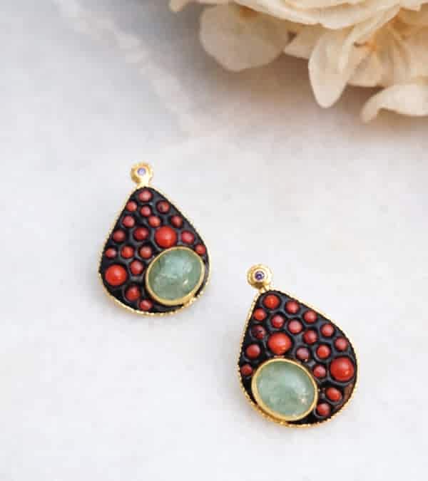 El Yapımı Tasarım Gümüş Küpe Mercan ve Kuvars Taşlı