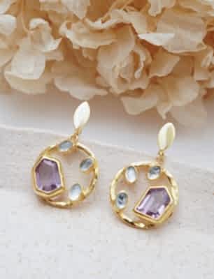 El Yapımı Tasarım Gümüş Küpe Ametist ve Aquamarin Taşlı