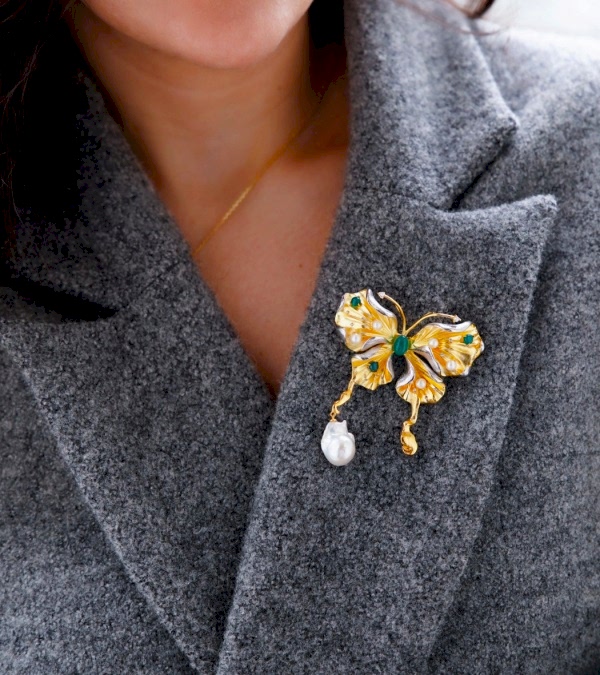 El Yapımı Tasarım Gümüş Broş Kelebek Tasarımlı Barok İncili