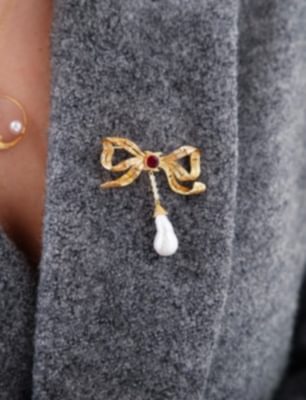 El Yapımı Tasarım Gümüş Broş Kurdele Tasarımlı Barok İncili