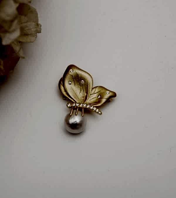 El Yapımı Tasarım Gümüş Broş Kelebek Tasarımlı İncili