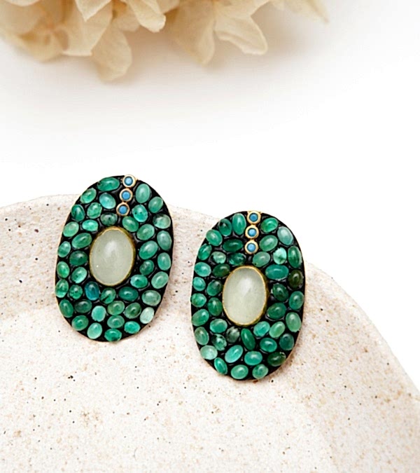 El Yapımı Tasarım Turmalin Taşlı Gümüş Küpe