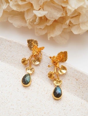 El Yapımı Çiçek Tasarımlı Labradorit Taşlı Pirinç Küpe