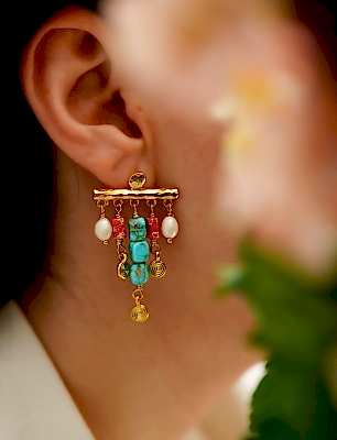 Mercan, Turkuaz ve İncili Pirinç Küpe