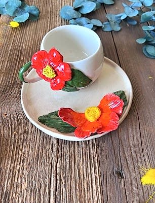 Büyük Kırmızı Çiçekli Kahve Mug Set