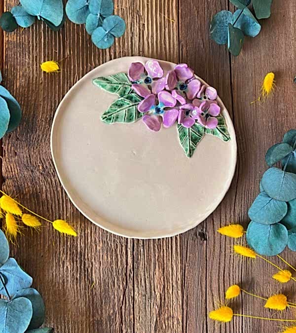 Mor Ortanca Çiçekli Pasta Tabak