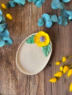 Sarı Çiçekli Oval Kahvaltı Tabak