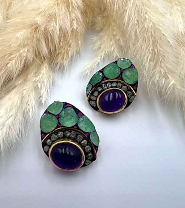 Aventurin, Ametist  ve Elmas Taşlı Gümüş Küpe