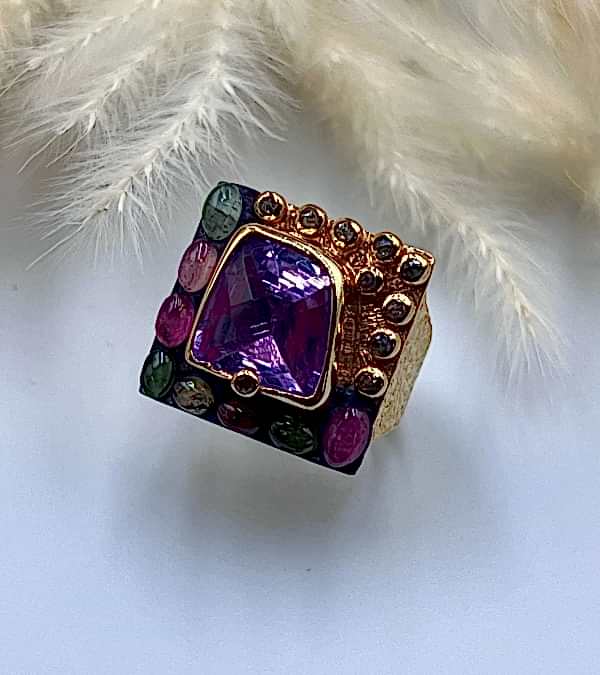 Ametist, Turmalin ve Elmas Taşlı Gümüş Yüzük