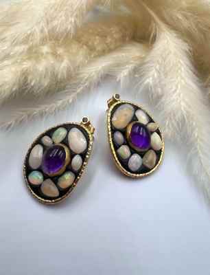 Ametist ve Opal Taşlı Gümüş Küpe