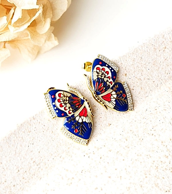 Mine İşlemeli Kelebek Gümüş Küpe