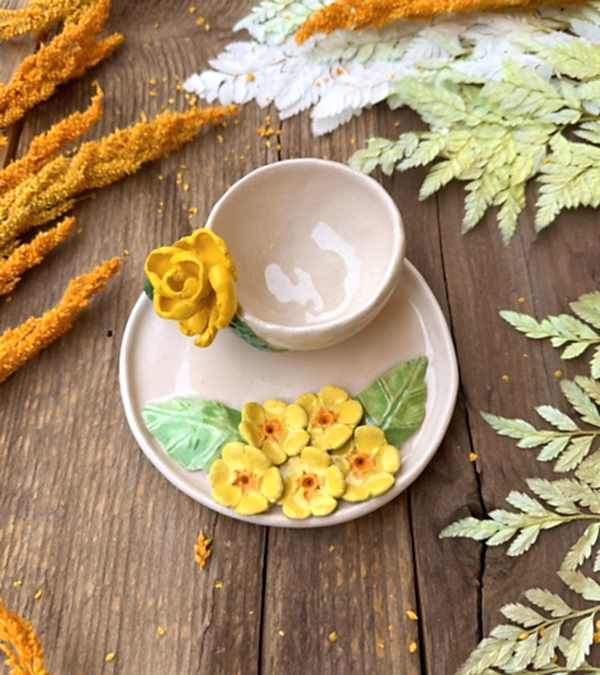 Sarı Çiçekli Türk Kahvesi Fincan Set