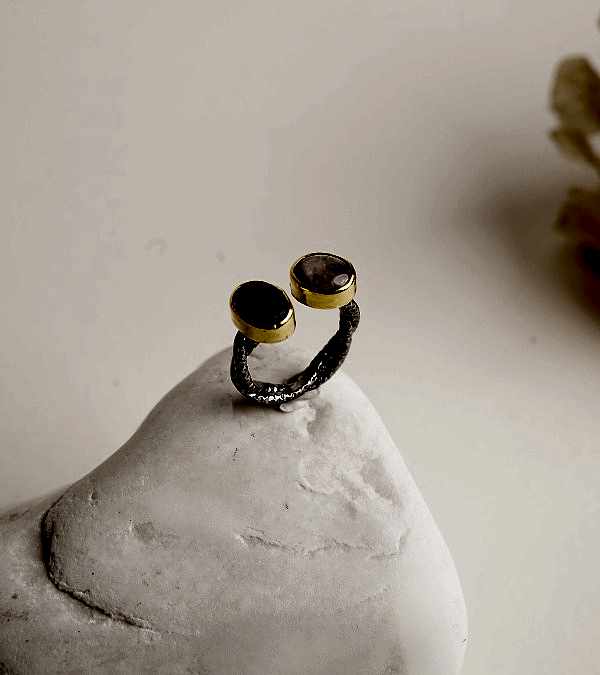 Ay Taşı ve Ametist Taşlı Gümüş Yüzük