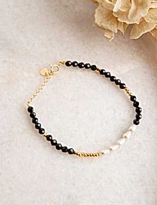 Oniks ve İncili Gümüş Bileklik