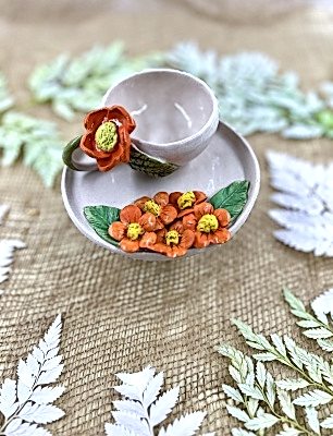 Turuncu Çiçekler Türk Kahvesi Fincan Set