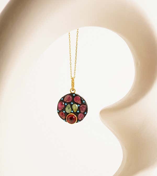 Turmalin ve Ametist Taşlı Çift Taraflı Gümüş Kolye